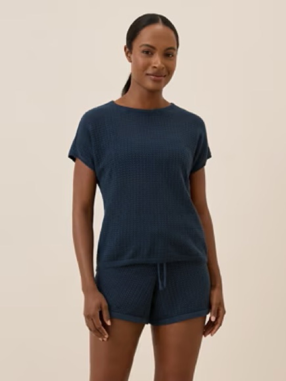 Women's Beachside Crochet Knit Short Sleeve Top in Navy Sz M Linen Cotton